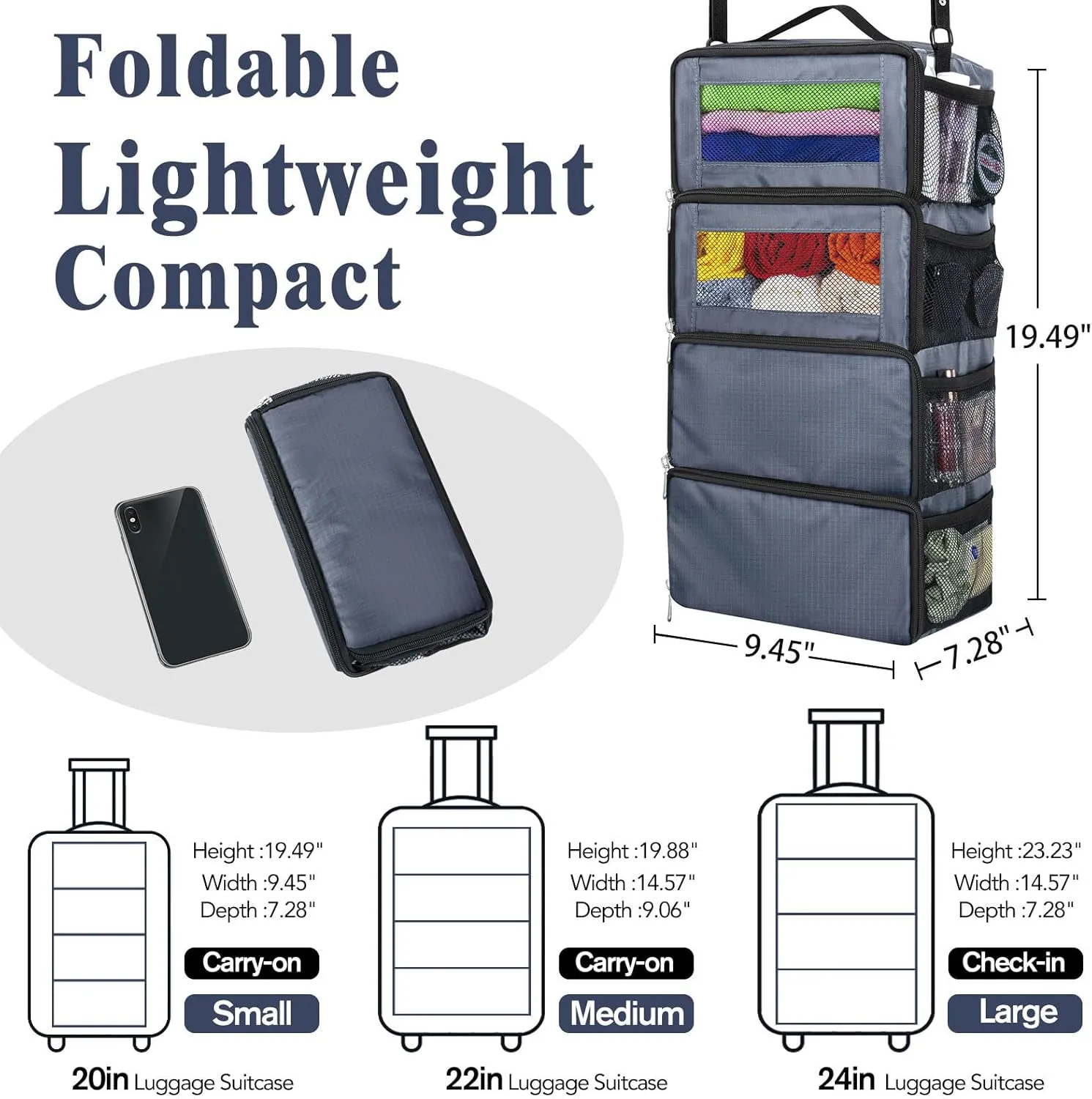 Suitcase Organizer, Carry on Closet Luggage Organizers Accessories for Travel, Foldable and Hangable Portable Hanging Travel Shelves with a Shoulder Strap to Use As a Travel Backpack Small, Gray