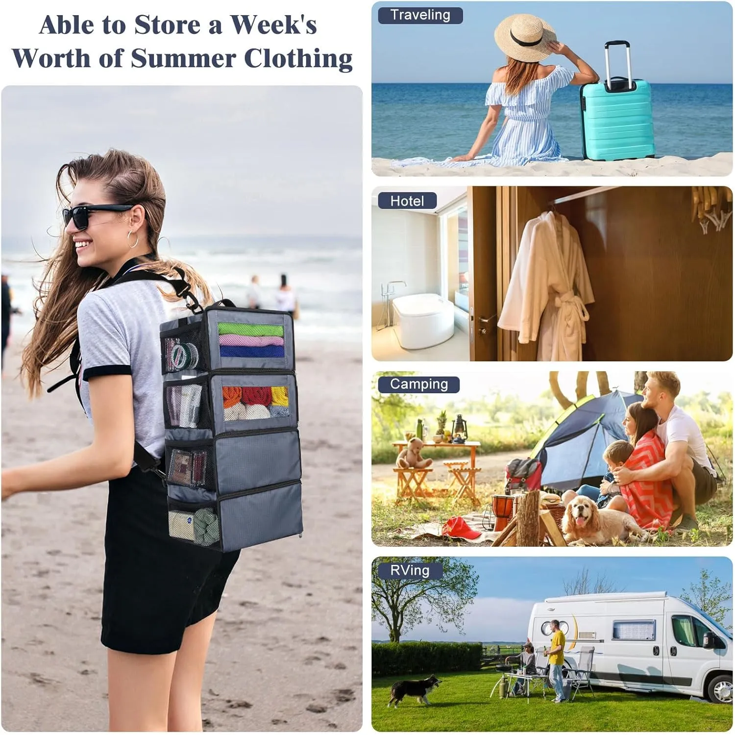 Suitcase Organizer, Carry on Closet Luggage Organizers Accessories for Travel, Foldable and Hangable Portable Hanging Travel Shelves with a Shoulder Strap to Use As a Travel Backpack Small, Gray