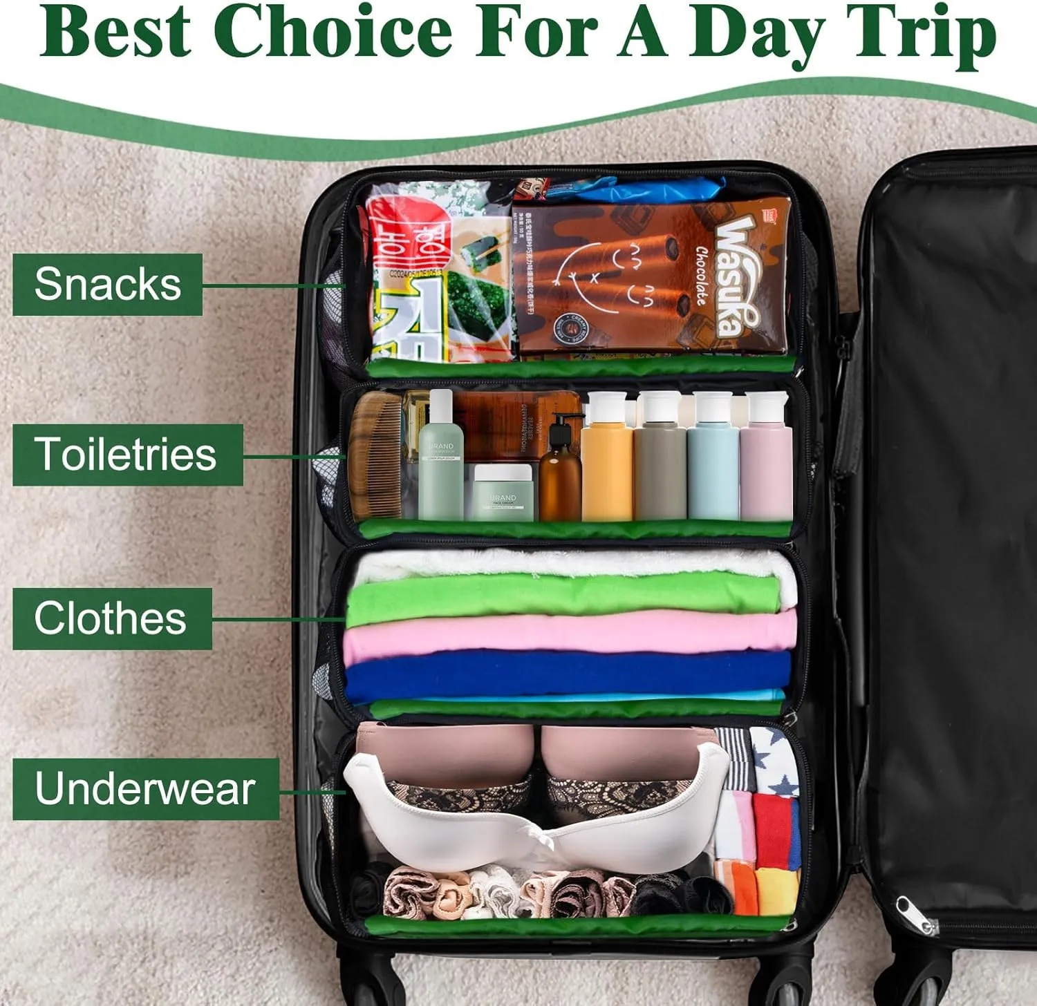 Suitcase Organizer, Carry on Closet Luggage Organizers Accessories for Travel, Foldable and Hangable Portable Hanging Travel Shelves with a Shoulder Strap to Use As a Travel Backpack Small, Green