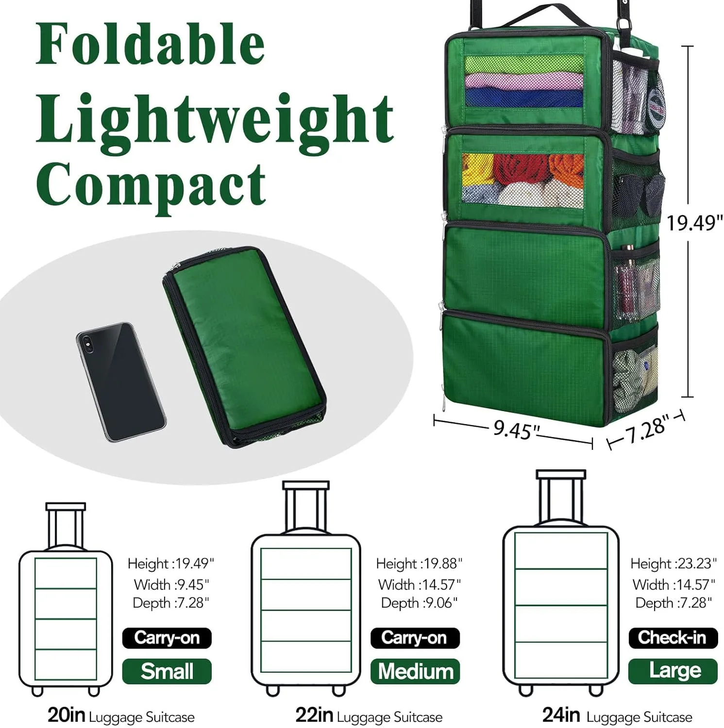Suitcase Organizer, Carry on Closet Luggage Organizers Accessories for Travel, Foldable and Hangable Portable Hanging Travel Shelves with a Shoulder Strap to Use As a Travel Backpack Small, Green