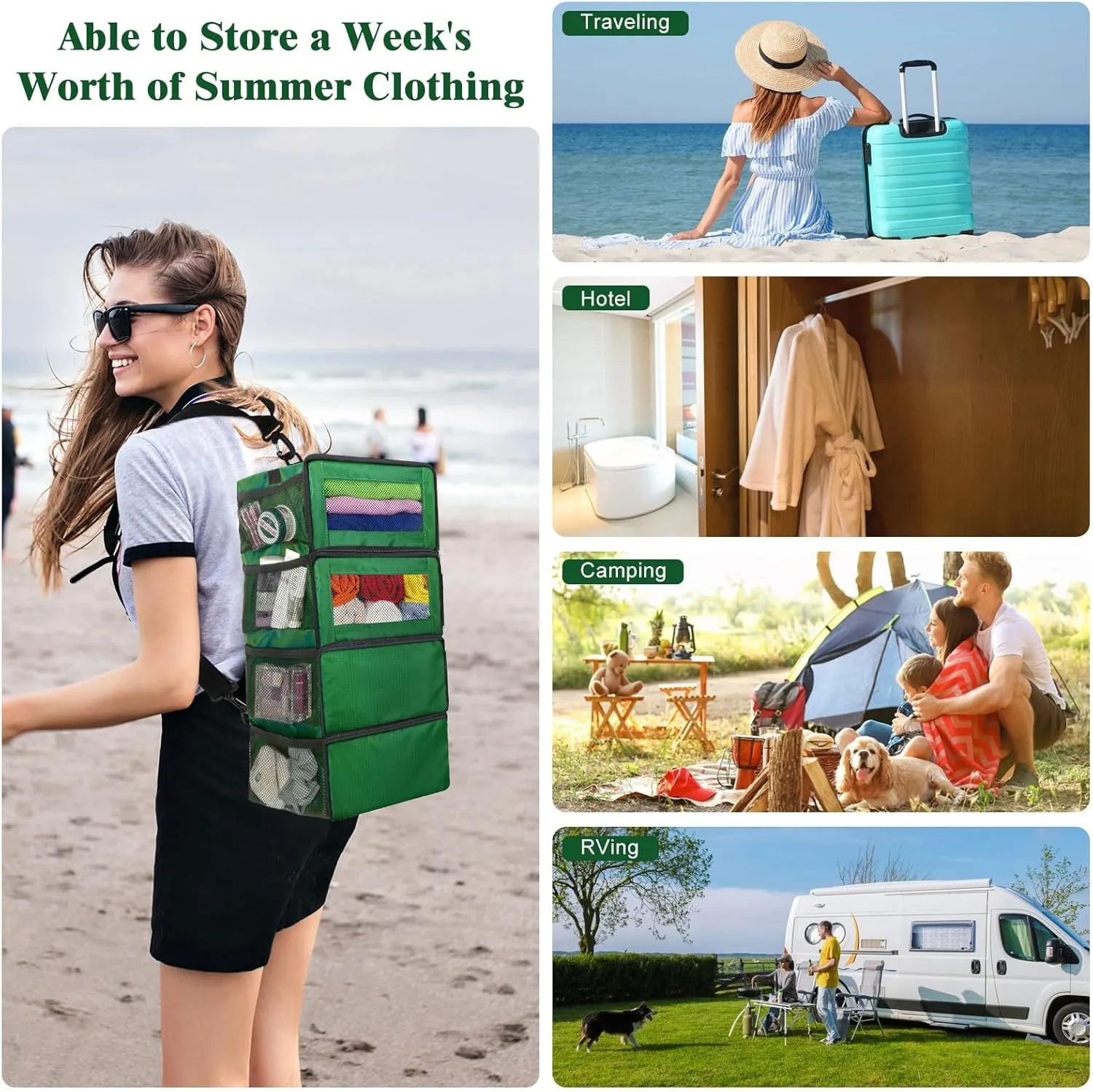Suitcase Organizer, Carry on Closet Luggage Organizers Accessories for Travel, Foldable and Hangable Portable Hanging Travel Shelves with a Shoulder Strap to Use As a Travel Backpack Small, Green