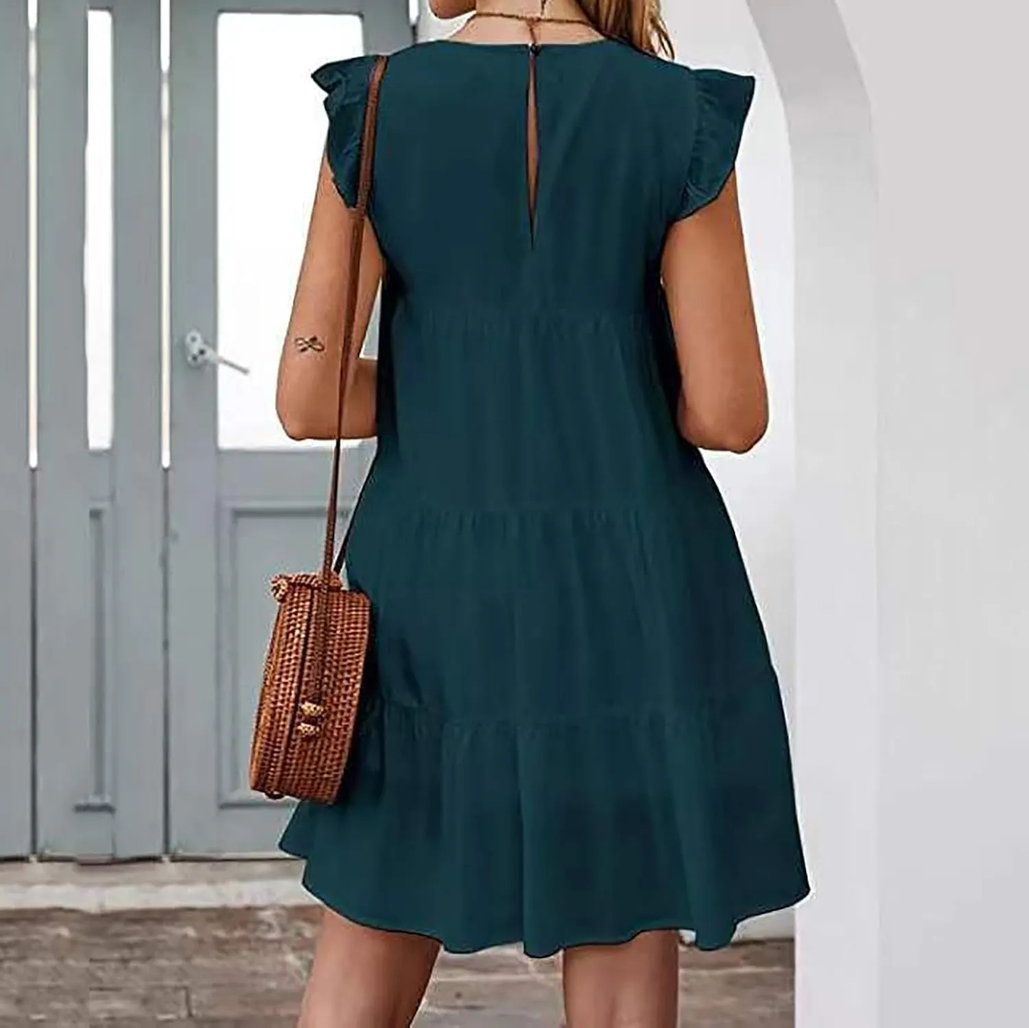Summer Dresses for Women 2024 Cute Boho Cap Sleeve Ruffle Swing Mini Babydoll Dress Beach Vacation Sundresses