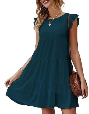 Summer Dresses for Women 2024 Cute Boho Cap Sleeve Ruffle Swing Mini Babydoll Dress Beach Vacation Sundresses