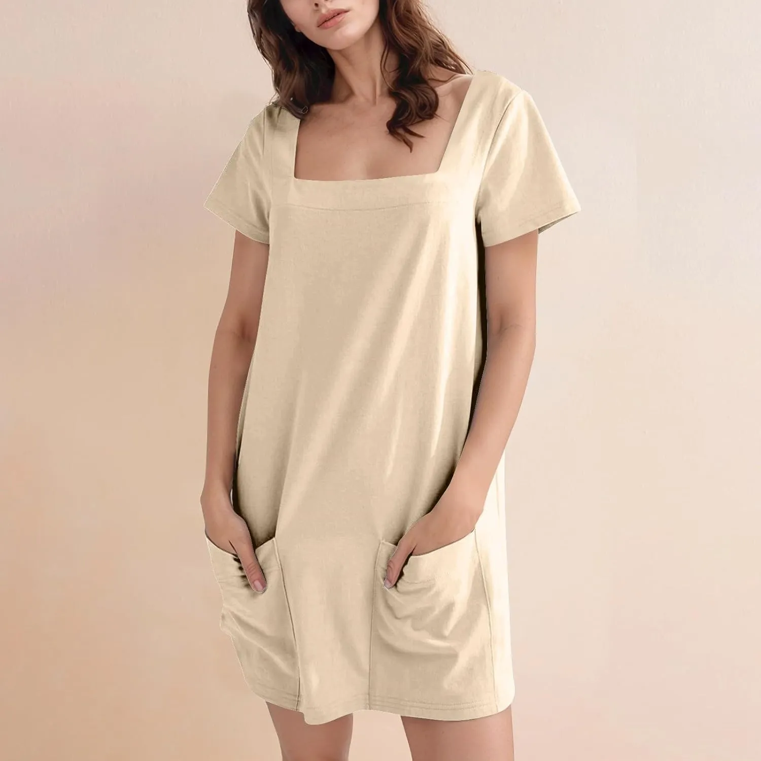 Summer Dresses for Women 2025 Square Neck Short Sleeve Tshirt Dress Knee Length Sundress Holiday Casual Frock with Pockets