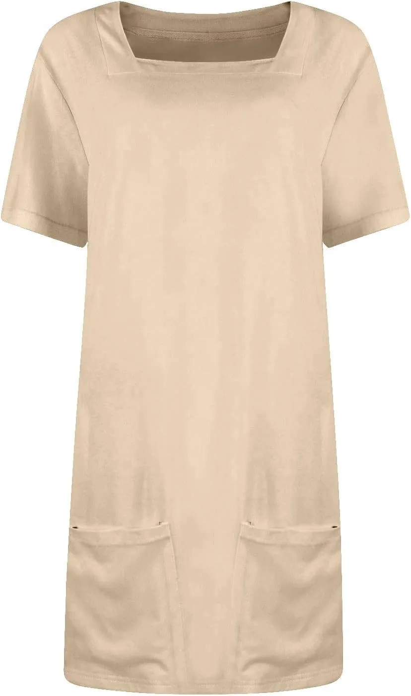 Summer Dresses for Women 2025 Square Neck Short Sleeve Tshirt Dress Knee Length Sundress Holiday Casual Frock with Pockets
