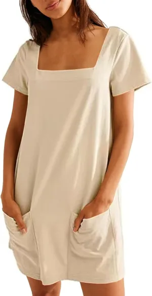 Summer Dresses for Women 2025 Square Neck Short Sleeve Tshirt Dress Knee Length Sundress Holiday Casual Frock with Pockets