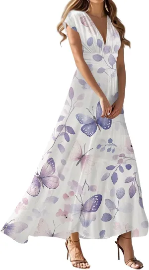 Summer Dresses for Women Short Sleeve Deep V Neck Maxi Dress Fitted Vintage Floral Print High Waist Dress