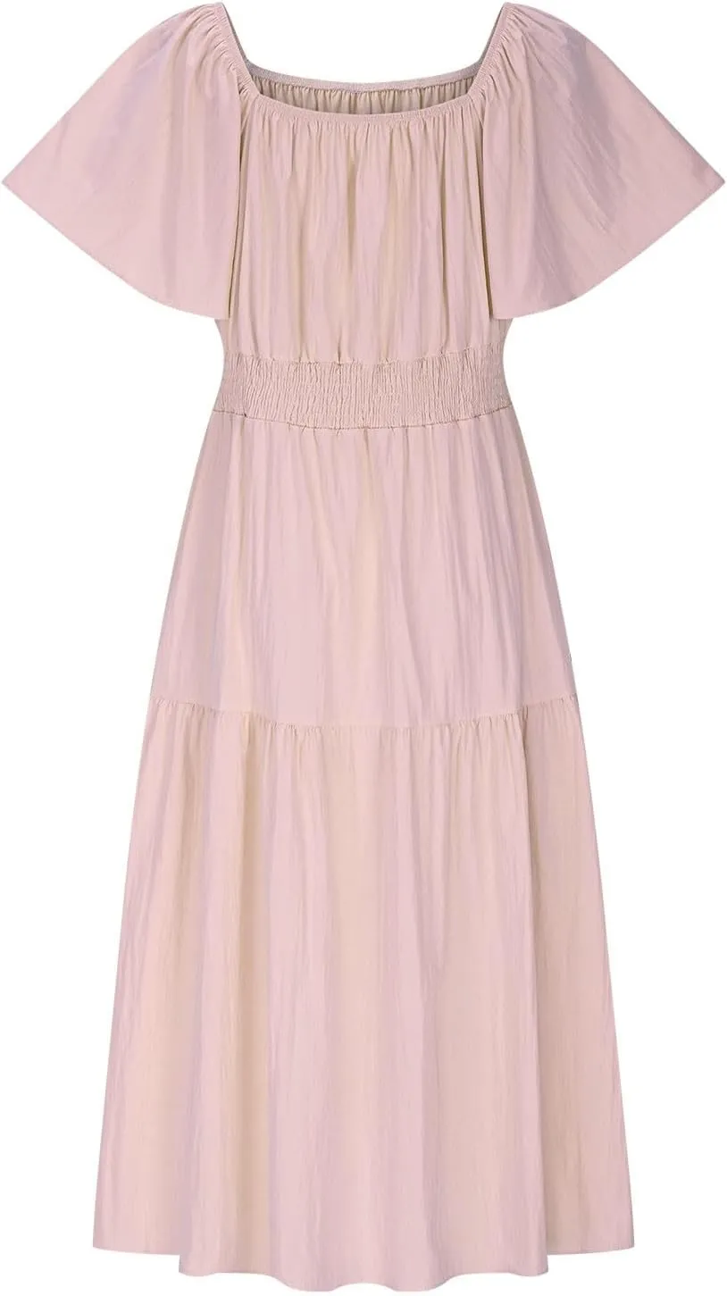 Summer Elegant Dresses for Women Short Sleeve Square Neck Smocked Waist Pleated Tiered Flowy Swing Midi Ruffle Dress