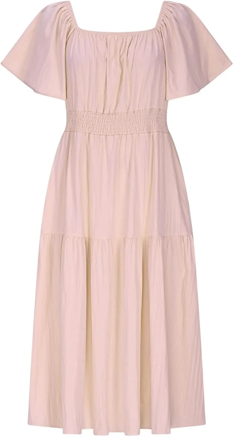Summer Elegant Dresses for Women Short Sleeve Square Neck Smocked Waist Pleated Tiered Flowy Swing Midi Ruffle Dress