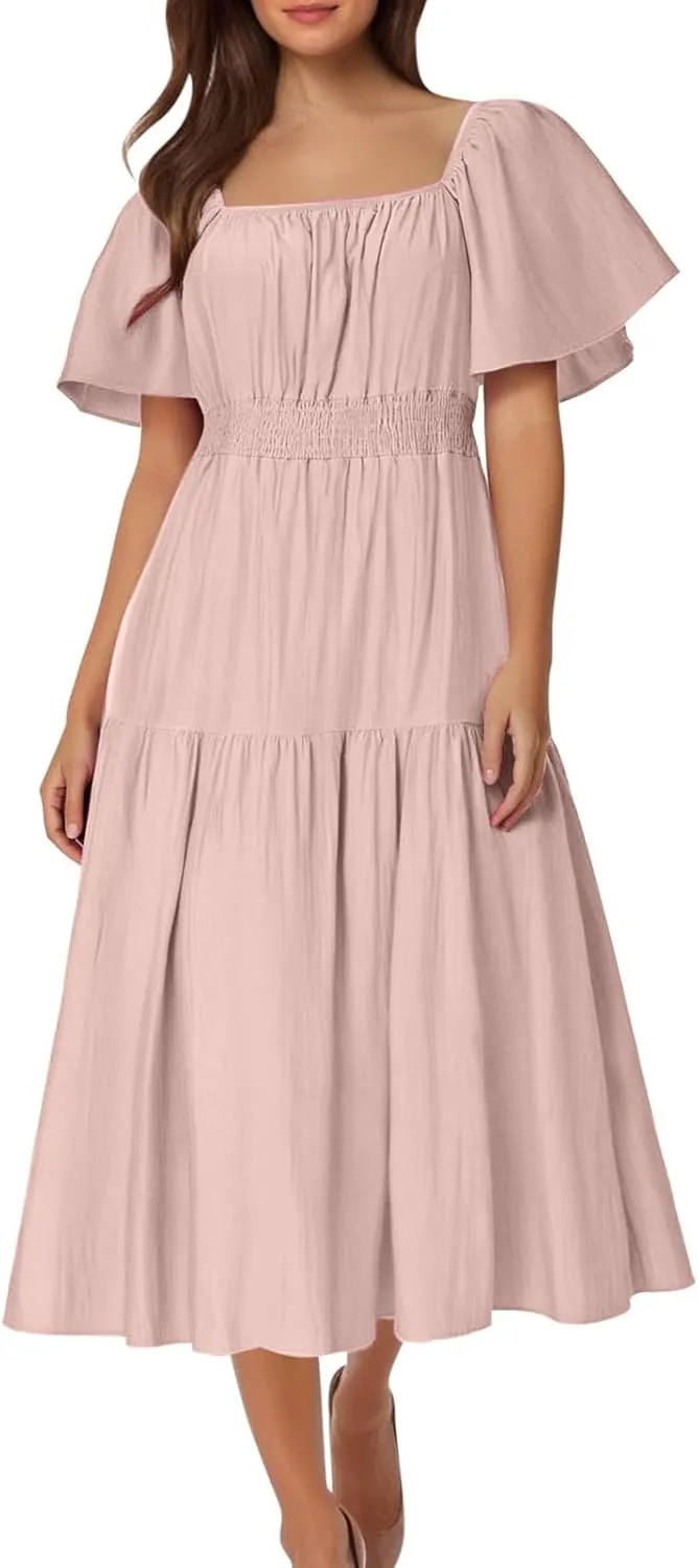 Summer Elegant Dresses for Women Short Sleeve Square Neck Smocked Waist Pleated Tiered Flowy Swing Midi Ruffle Dress