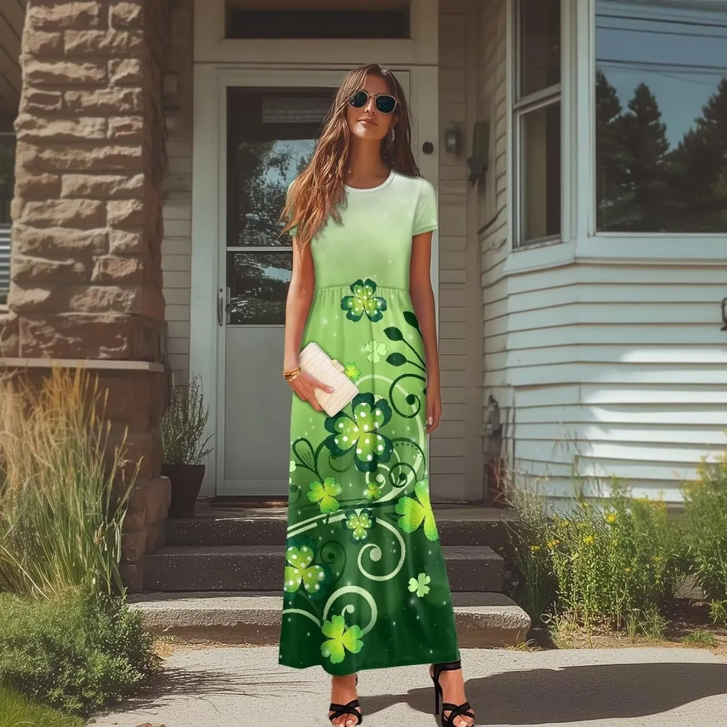 Summer Short Sleeve Maxi Long Dresses for Women 2025 A Line Round Neck Oversize Flowy Beach Sun Dress with Pockets