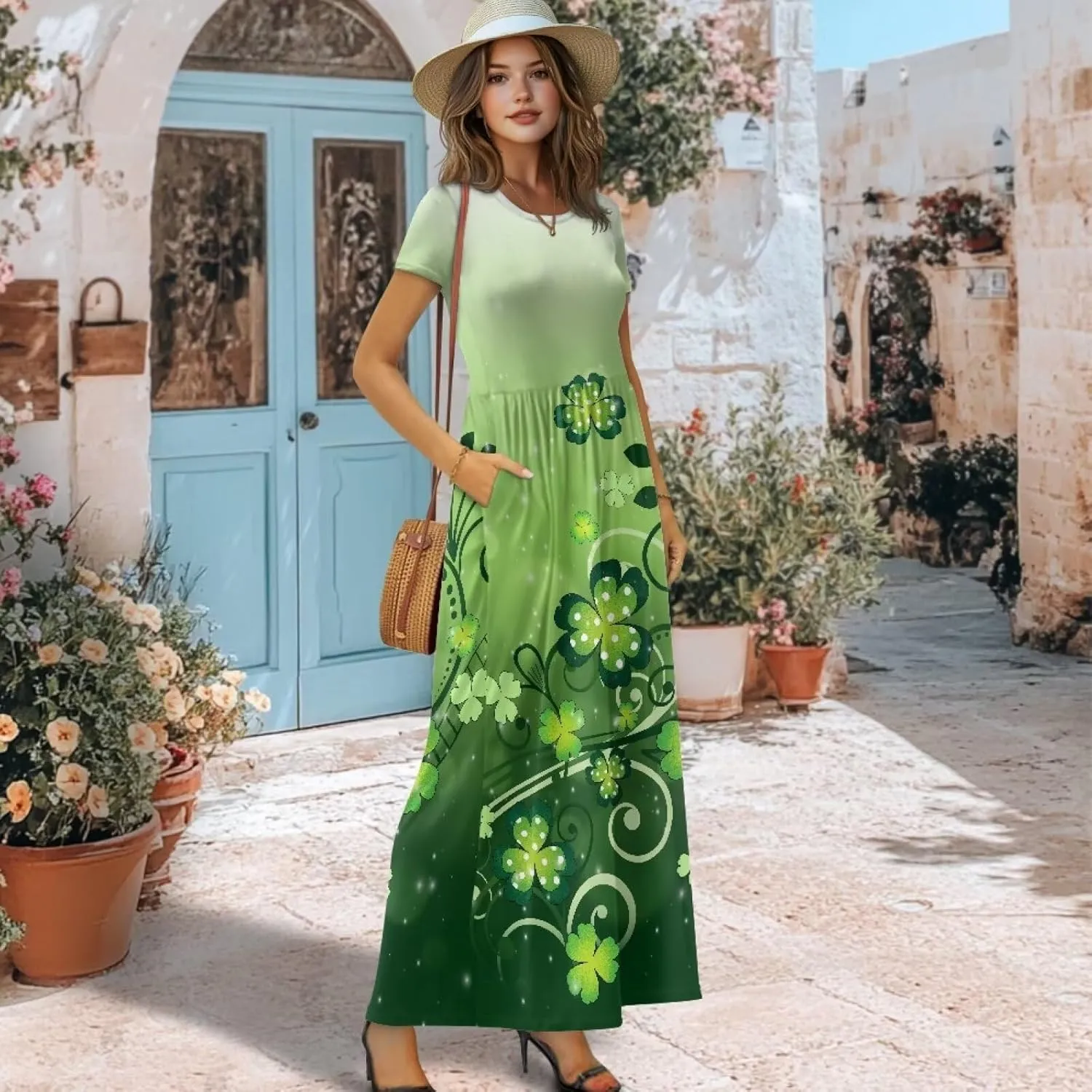 Summer Short Sleeve Maxi Long Dresses for Women 2025 A Line Round Neck Oversize Flowy Beach Sun Dress with Pockets