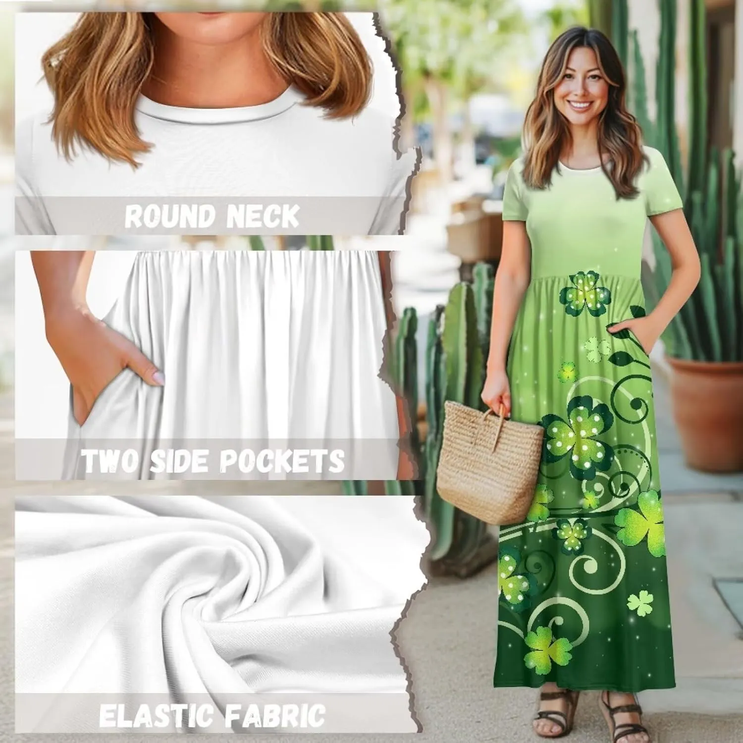 Summer Short Sleeve Maxi Long Dresses for Women 2025 A Line Round Neck Oversize Flowy Beach Sun Dress with Pockets