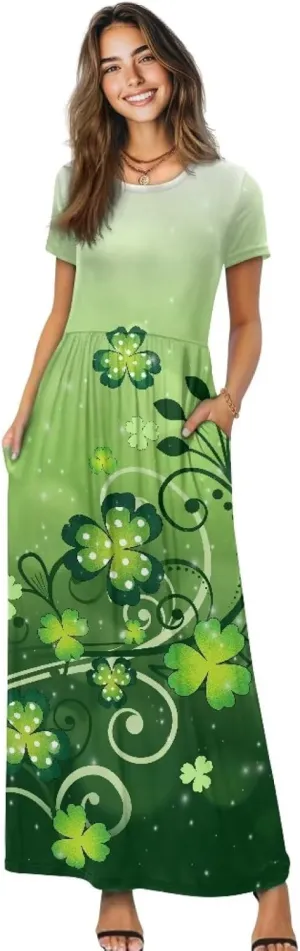 Summer Short Sleeve Maxi Long Dresses for Women 2025 A Line Round Neck Oversize Flowy Beach Sun Dress with Pockets