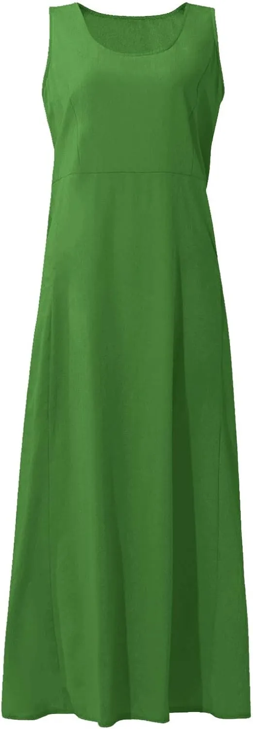 Sundress for Women 2025 Vacation,Linen Dress for Women Sleeveless Solid Casual Baggy Flowy Maxi Dresses with Pockets