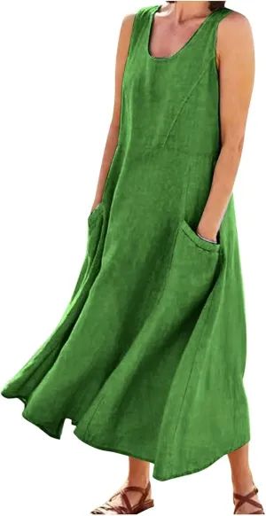 Sundress for Women 2025 Vacation,Linen Dress for Women Sleeveless Solid Casual Baggy Flowy Maxi Dresses with Pockets