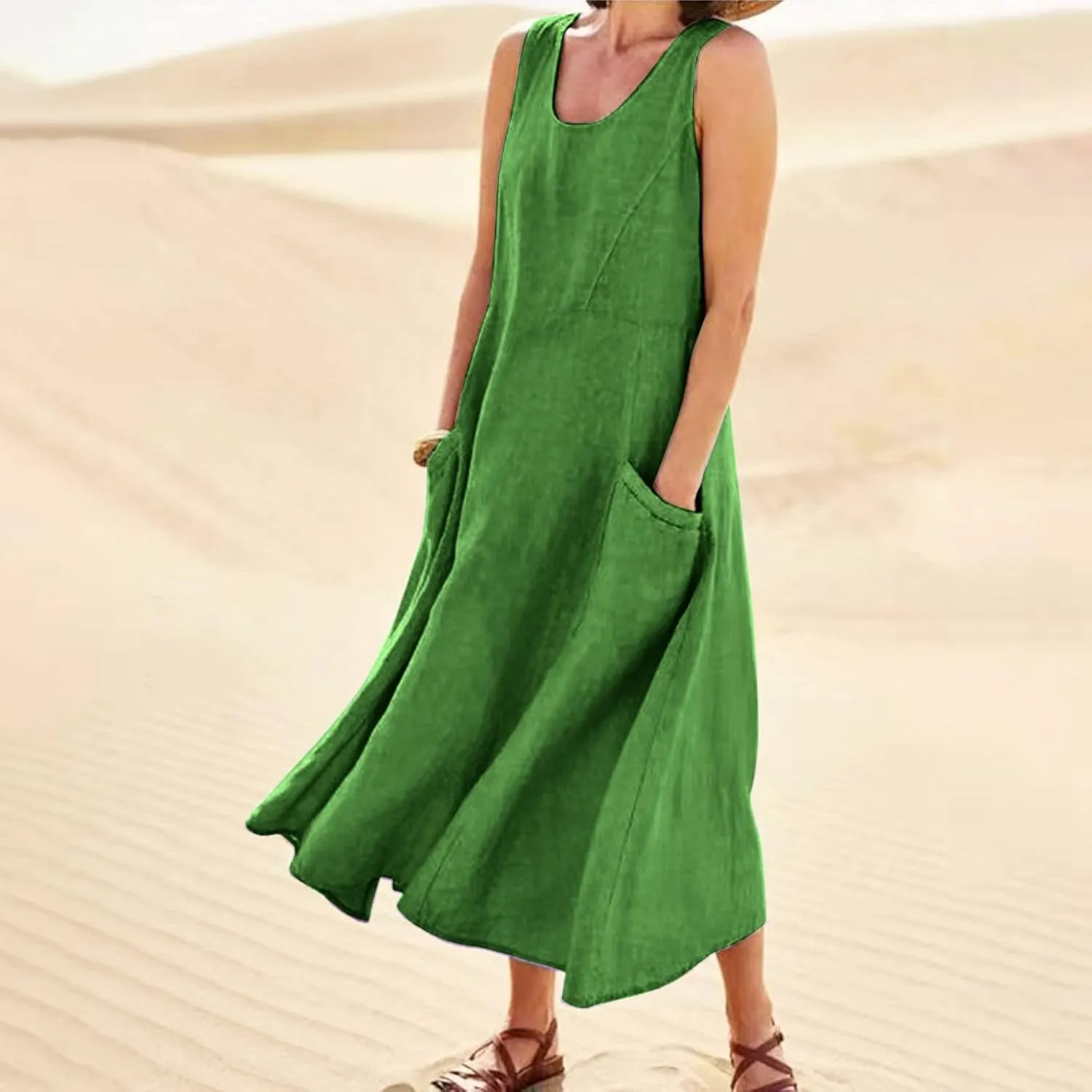 Sundress for Women 2025 Vacation,Linen Dress for Women Sleeveless Solid Casual Baggy Flowy Maxi Dresses with Pockets
