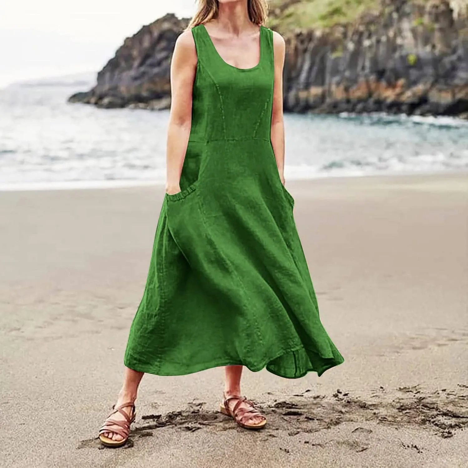 Sundress for Women 2025 Vacation,Linen Dress for Women Sleeveless Solid Casual Baggy Flowy Maxi Dresses with Pockets
