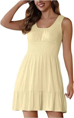 Sundresses for Women 2025 Casual Loose Vacation Dresses Sleeveless Print Dresses Elastic Waist Mini Sundress