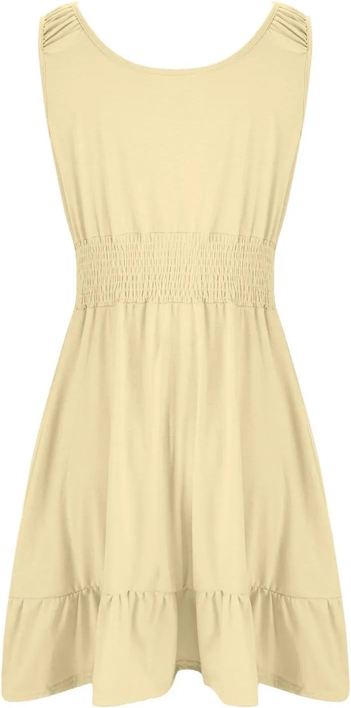 Sundresses for Women 2025 Casual Loose Vacation Dresses Sleeveless Print Dresses Elastic Waist Mini Sundress