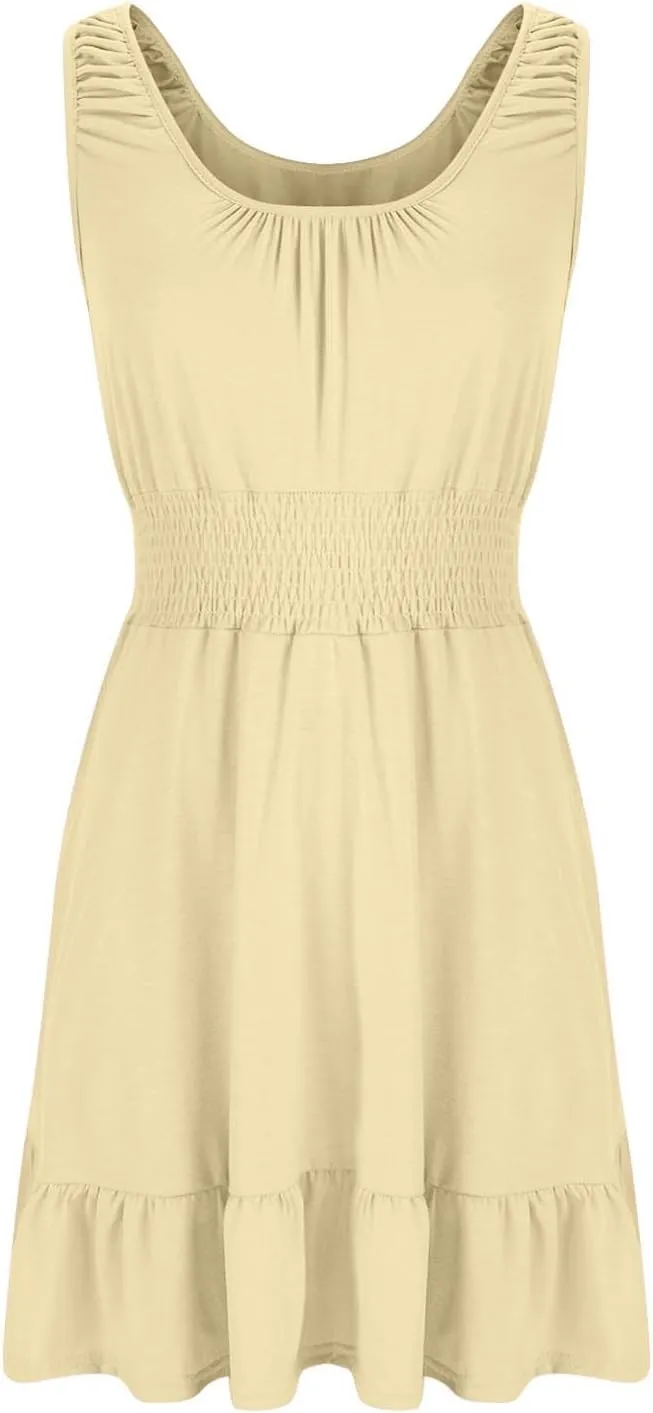 Sundresses for Women 2025 Casual Loose Vacation Dresses Sleeveless Print Dresses Elastic Waist Mini Sundress