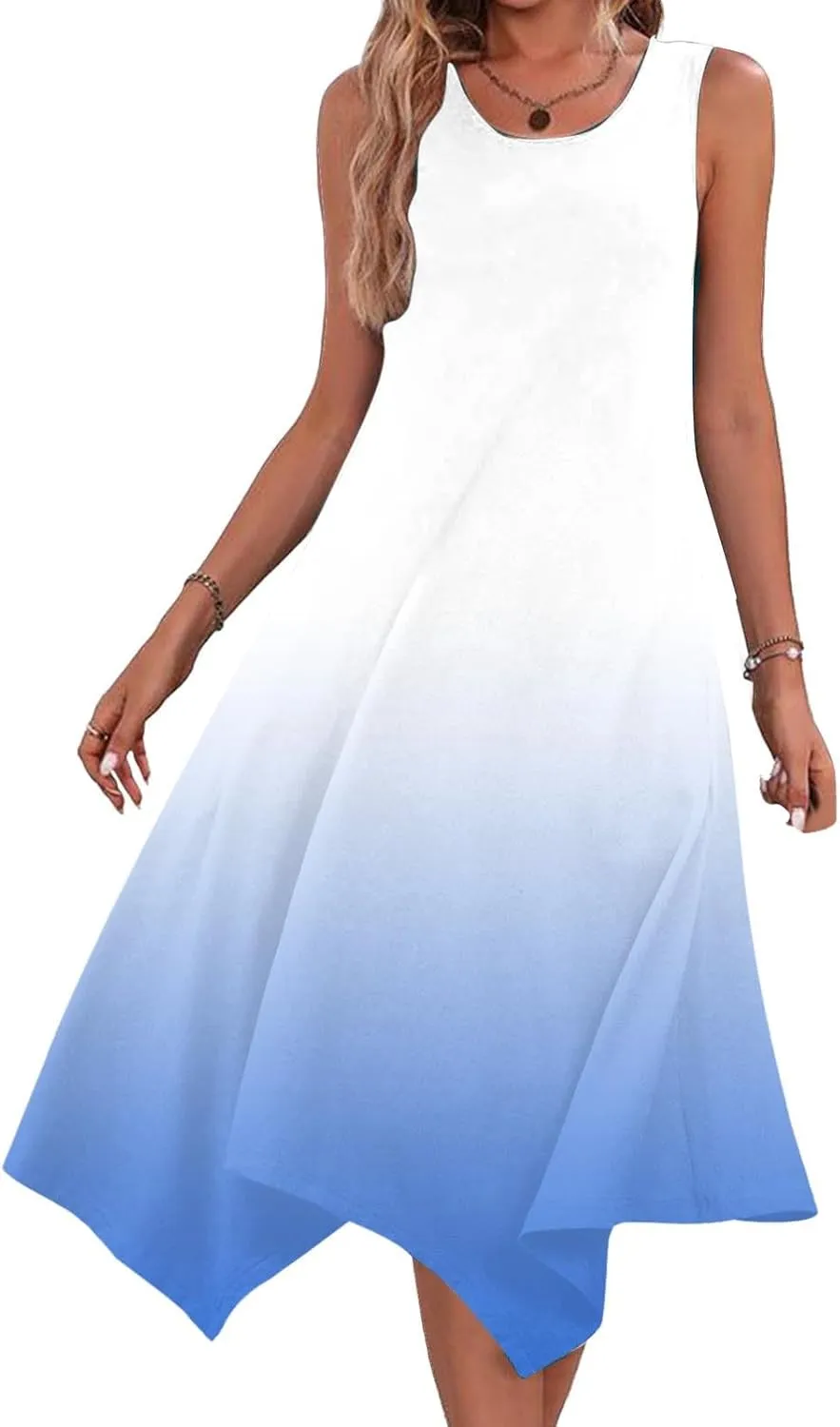 Sundresses for Women 2025 Casual Ombre Color Crewneck A-Line Flowy Dress Aesthetic Summer Beach Vacation Midi Dresses