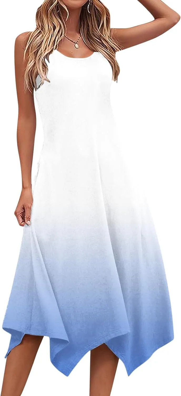 Sundresses for Women 2025 Casual Ombre Color Crewneck A-Line Flowy Dress Aesthetic Summer Beach Vacation Midi Dresses