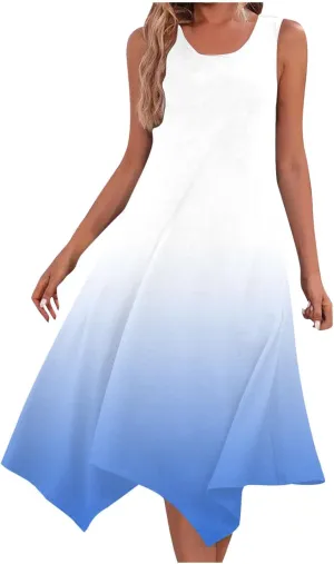 Sundresses for Women 2025 Casual Ombre Color Crewneck A-Line Flowy Dress Aesthetic Summer Beach Vacation Midi Dresses
