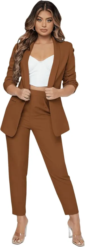 SweatyRocks Women's 2 Piece Solid Ruched Sleeve Blazer and Pants Business Office Suit Set