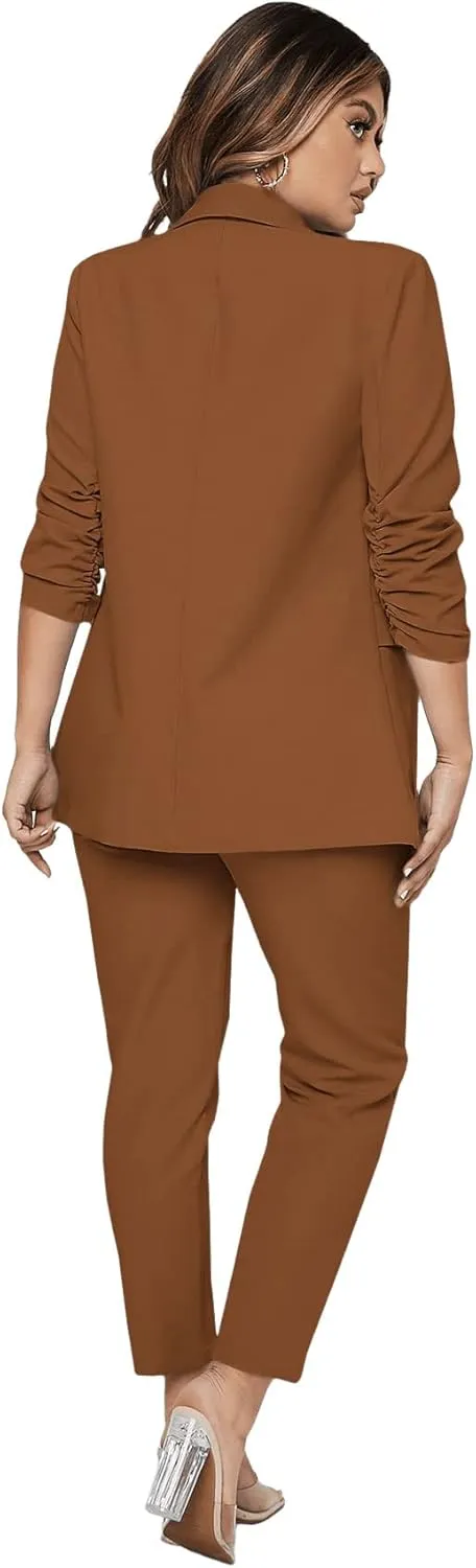 SweatyRocks Women's 2 Piece Solid Ruched Sleeve Blazer and Pants Business Office Suit Set
