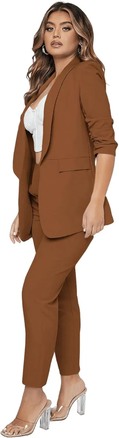 SweatyRocks Women's 2 Piece Solid Ruched Sleeve Blazer and Pants Business Office Suit Set