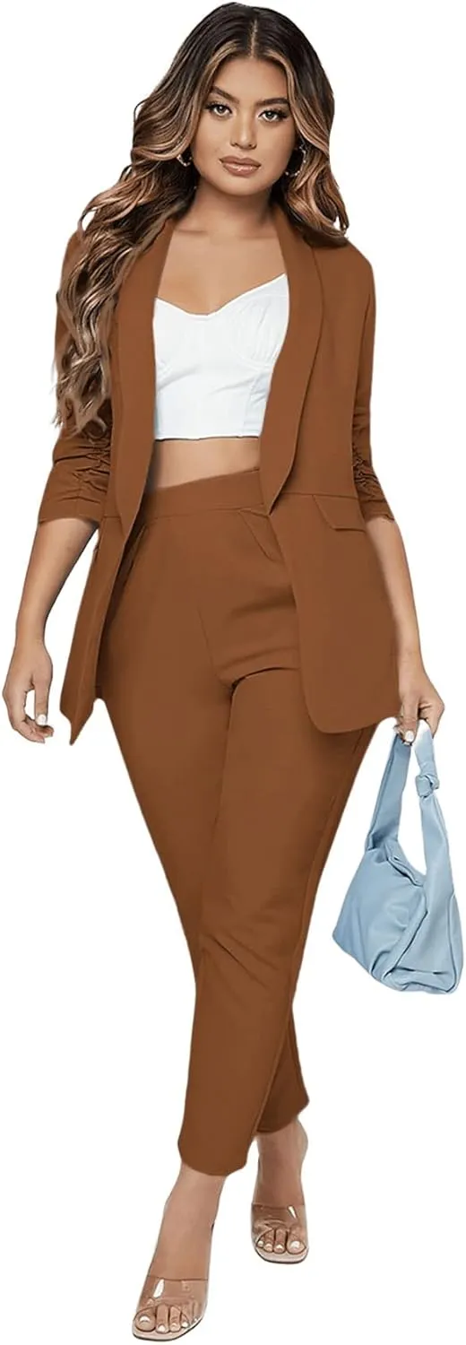 SweatyRocks Women's 2 Piece Solid Ruched Sleeve Blazer and Pants Business Office Suit Set