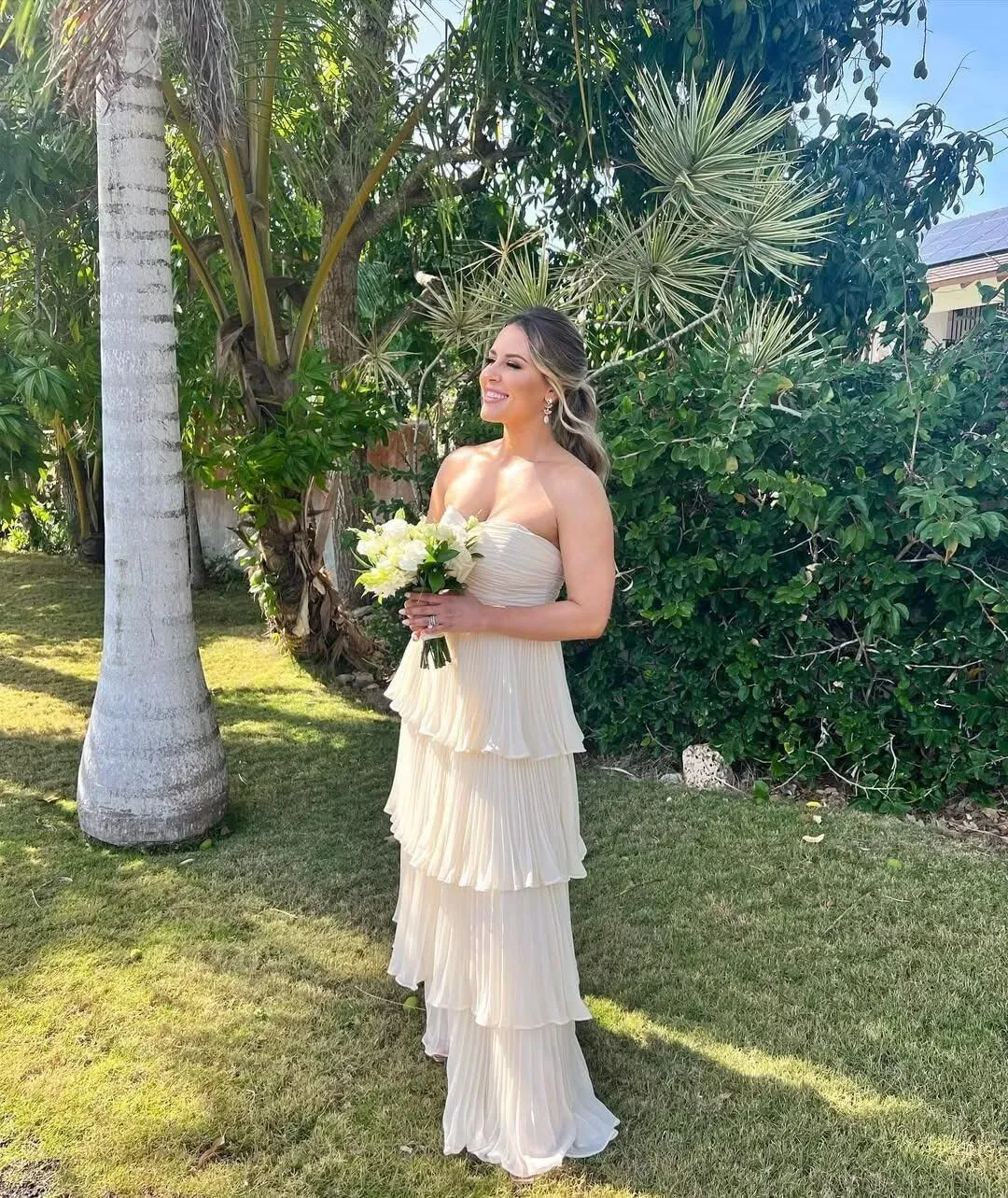 Tiered Floral Prom Dresses 2025 Long Strapless Ruffle Chiffon Formal Evening Gown