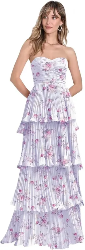 Tiered Floral Prom Dresses 2025 Long Strapless Ruffle Chiffon Formal Evening Gown