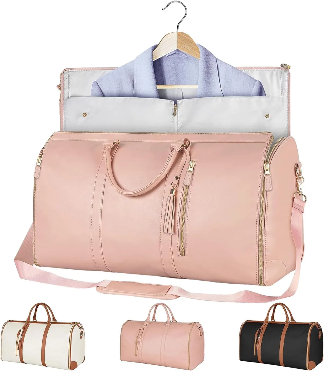 Travel Bag, PU Garment Bags for Travel, High Capacity Folding Luggage Bag, Duffel Bag Designed for Women's Travel Convenience, Convertible Garment Bag-Pink
