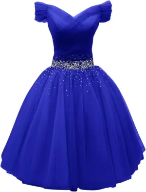 Tulle Homecoming Dresses for Teens Off Shoulder Short Prom Dresses Sparkly Beaded Cocktail Gowns