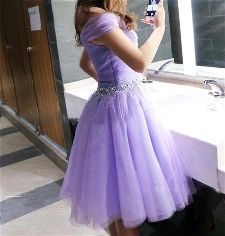 Tulle Homecoming Dresses for Teens Off Shoulder Short Prom Dresses Sparkly Beaded Cocktail Gowns