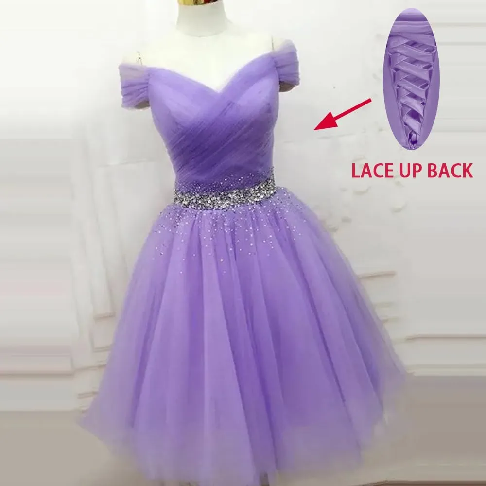 Tulle Homecoming Dresses for Teens Off Shoulder Short Prom Dresses Sparkly Beaded Cocktail Gowns