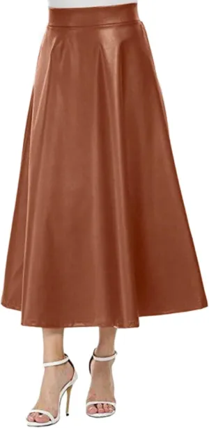 Vintage Womens Solid Color skirts for women trendy Solid Midi Skirts High Waist Faux Pleated Leather A Line Long Skirts