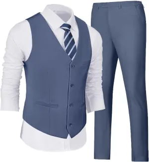 Wehilion Men's Suits 2 Pieces, Vest Pants Set for Men, V-Neck Slim Fit Casual Suit Waistcoat