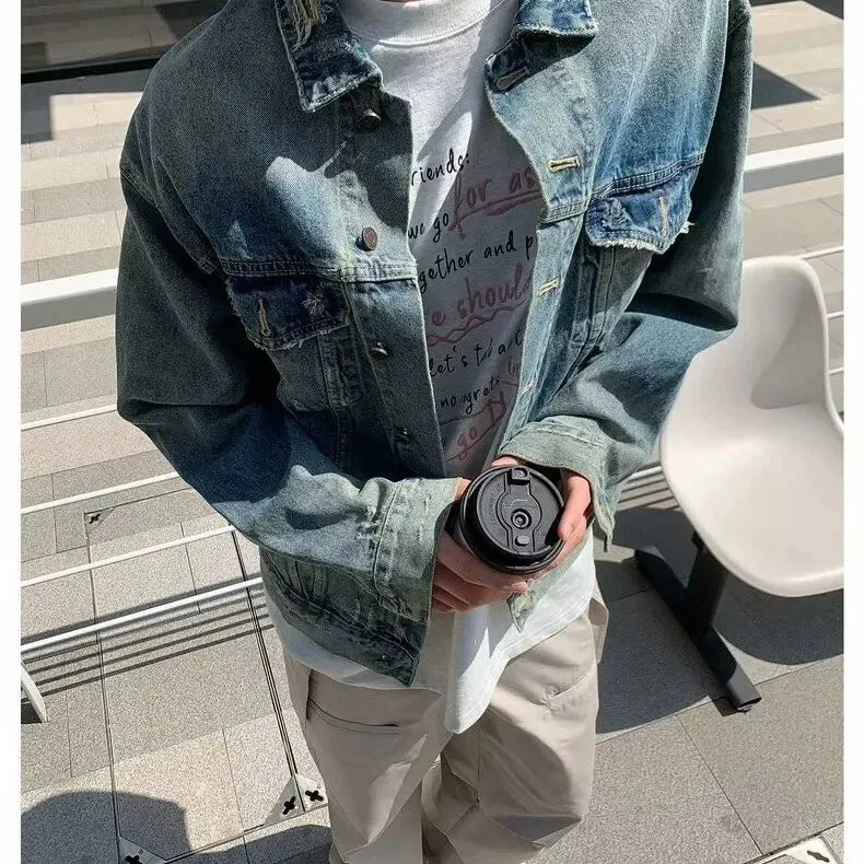 Wiaofellas  -  High Street Washed Denim Jacket Mens Trends New Spring Streetwear Single Breasted Casual Hip Hop Coats Loose Cowboy Outwear