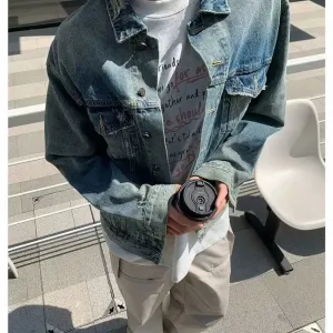 Wiaofellas  -  High Street Washed Denim Jacket Mens Trends New Spring Streetwear Single Breasted Casual Hip Hop Coats Loose Cowboy Outwear