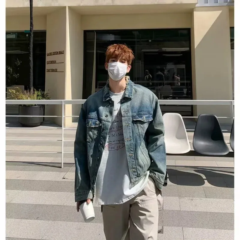 Wiaofellas  -  High Street Washed Denim Jacket Mens Trends New Spring Streetwear Single Breasted Casual Hip Hop Coats Loose Cowboy Outwear