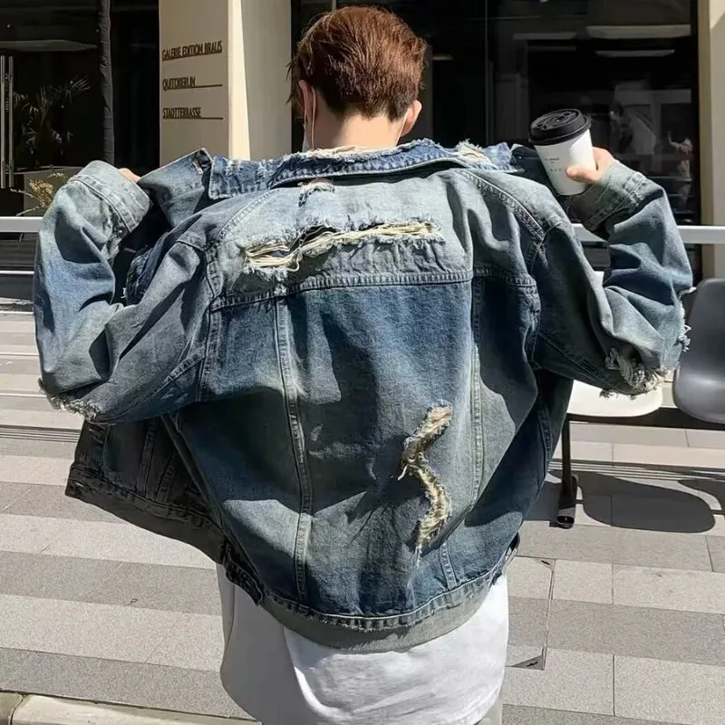 Wiaofellas  -  High Street Washed Denim Jacket Mens Trends New Spring Streetwear Single Breasted Casual Hip Hop Coats Loose Cowboy Outwear