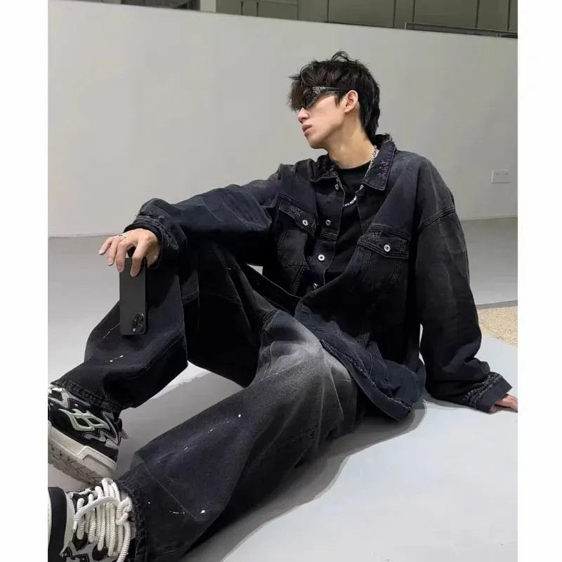 Wiaofellas  -  High Street Washed Denim Jacket Mens Trends New Spring Streetwear Single Breasted Casual Hip Hop Coats Loose Cowboy Outwear