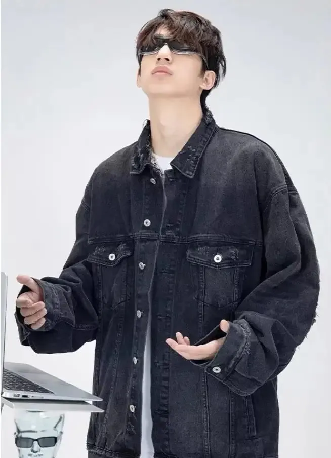Wiaofellas  -  High Street Washed Denim Jacket Mens Trends New Spring Streetwear Single Breasted Casual Hip Hop Coats Loose Cowboy Outwear