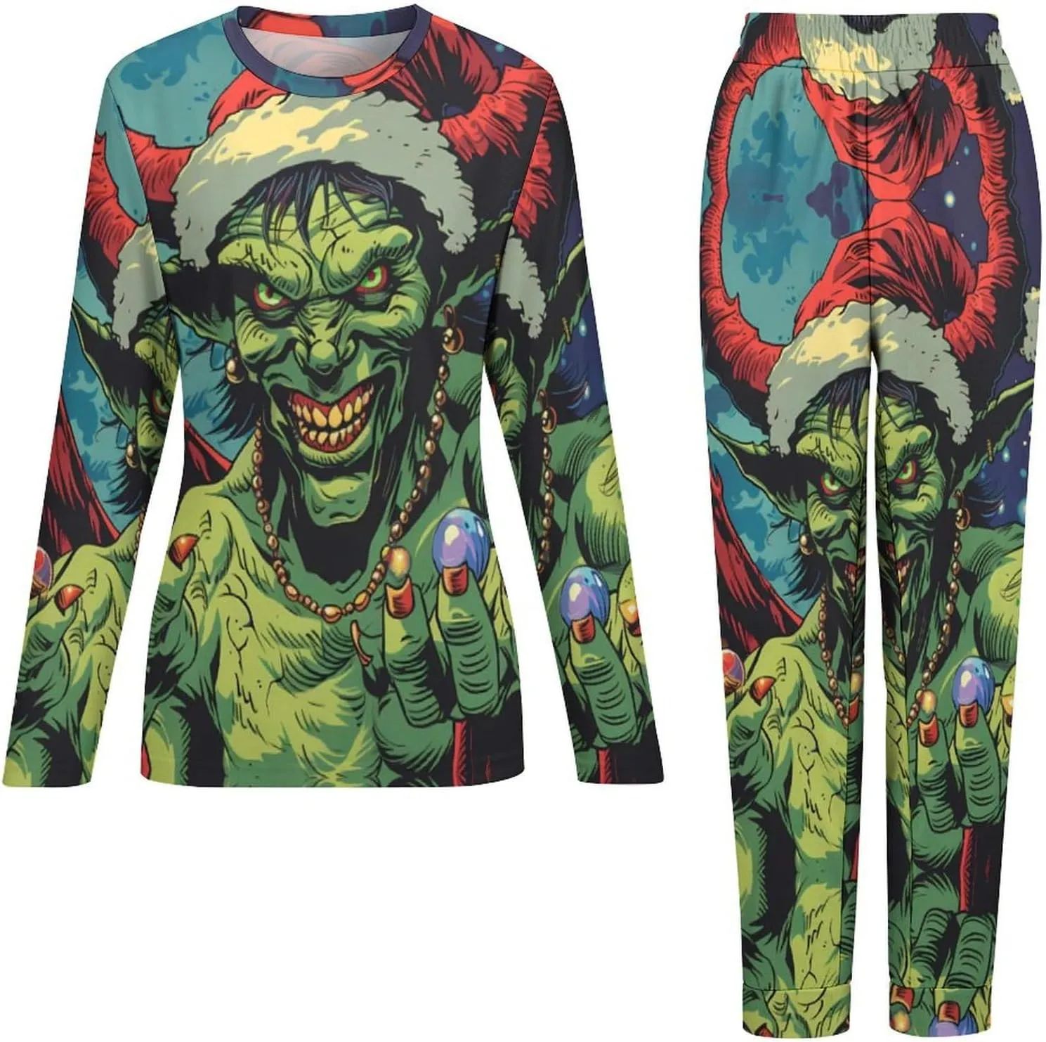 Winged Evil Krampus Xmas Claus Pajama Sets for Women 2 Piece Long Sleeve Top And Pj Pants Loungewear with Pockets Sleepwear