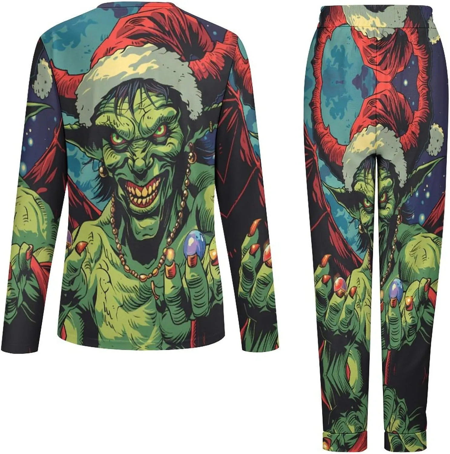 Winged Evil Krampus Xmas Claus Pajama Sets for Women 2 Piece Long Sleeve Top And Pj Pants Loungewear with Pockets Sleepwear