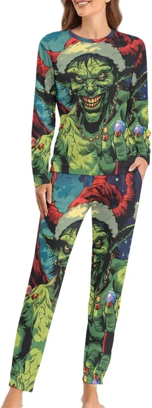 Winged Evil Krampus Xmas Claus Pajama Sets for Women 2 Piece Long Sleeve Top And Pj Pants Loungewear with Pockets Sleepwear