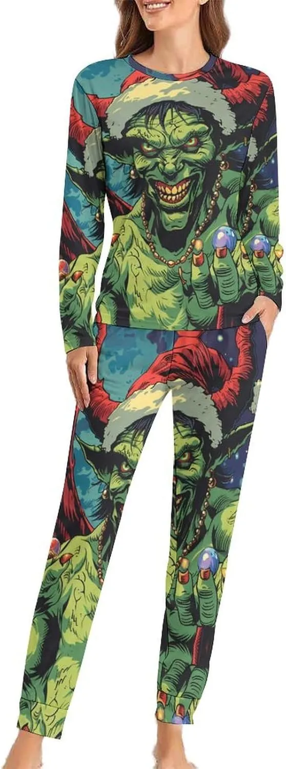 Winged Evil Krampus Xmas Claus Pajama Sets for Women 2 Piece Long Sleeve Top And Pj Pants Loungewear with Pockets Sleepwear